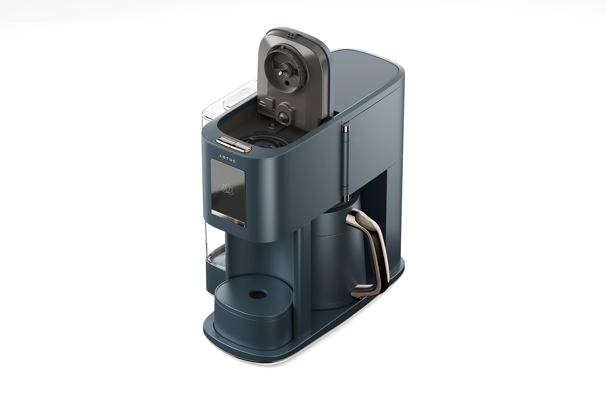 The Ritual coffee system in Bluestone, angled view with the pod compartment open on top
