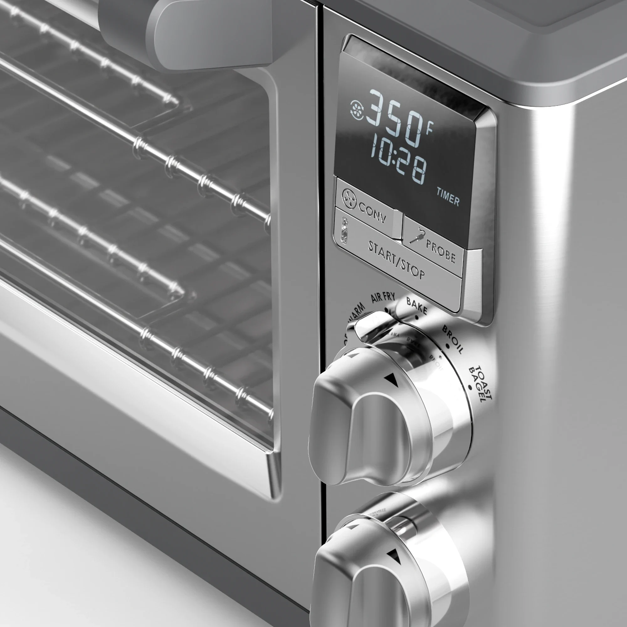 close up of the perfectionist™ air fry and convection oven model ltsco500 knobs and control panel