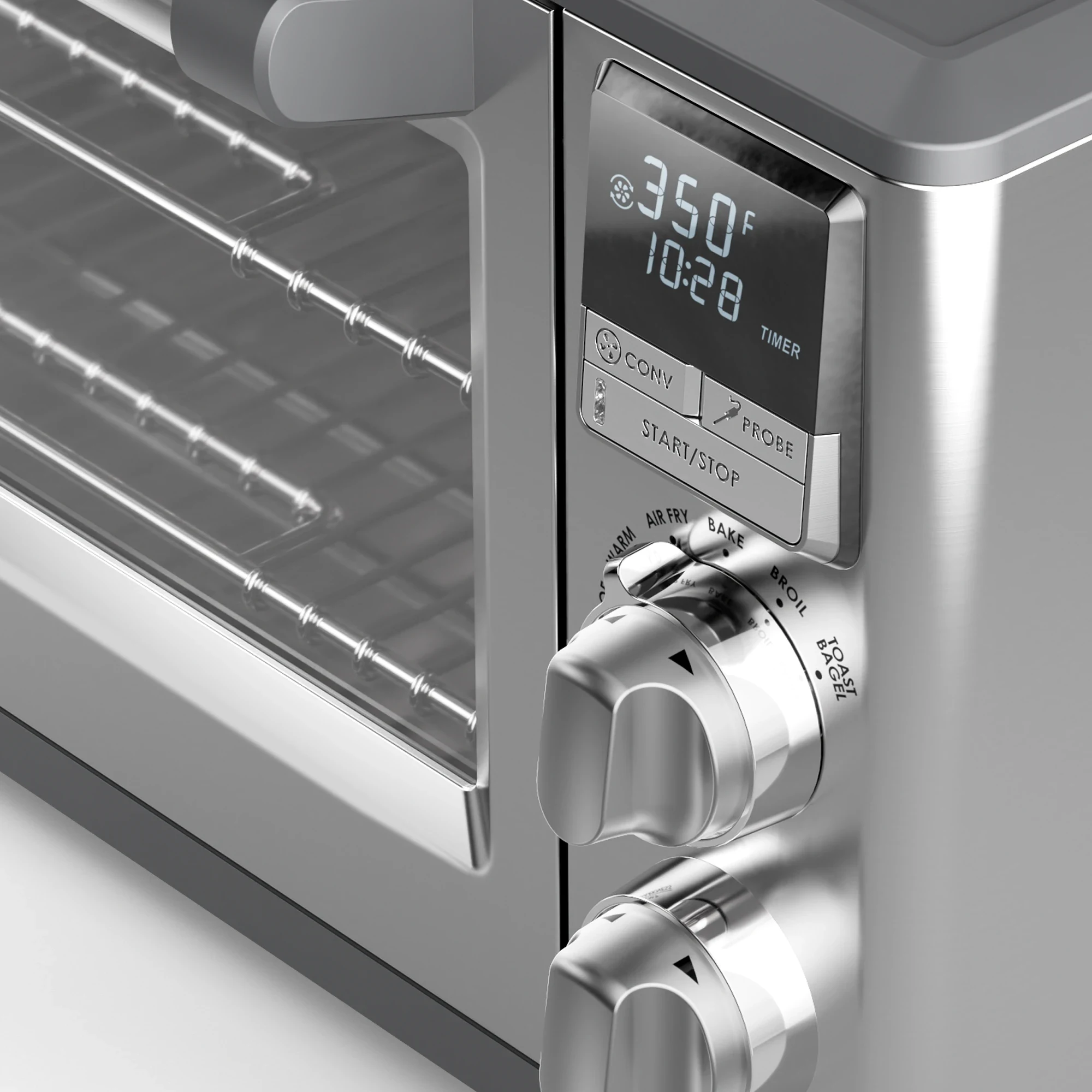 close up of the perfectionist™ air fry and convection oven model ltsco500 knobs and control panel