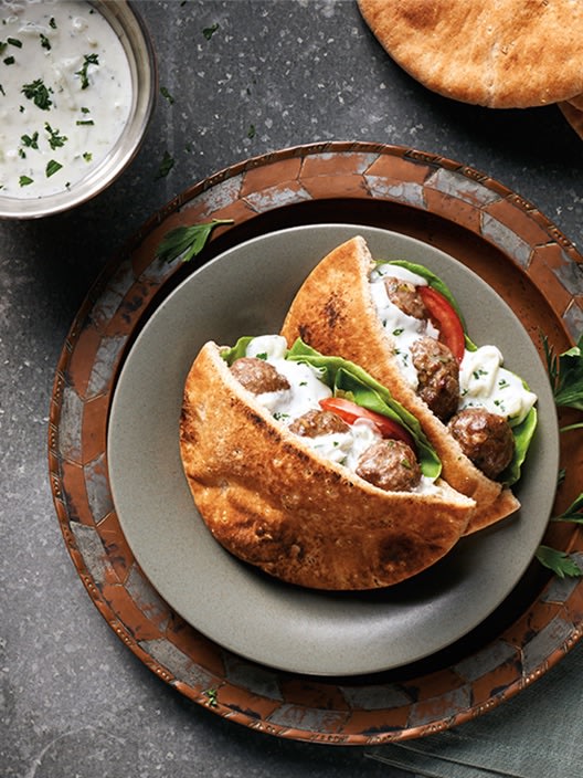 Broiled Lamb Meatball Pitas with Tzatziki Image