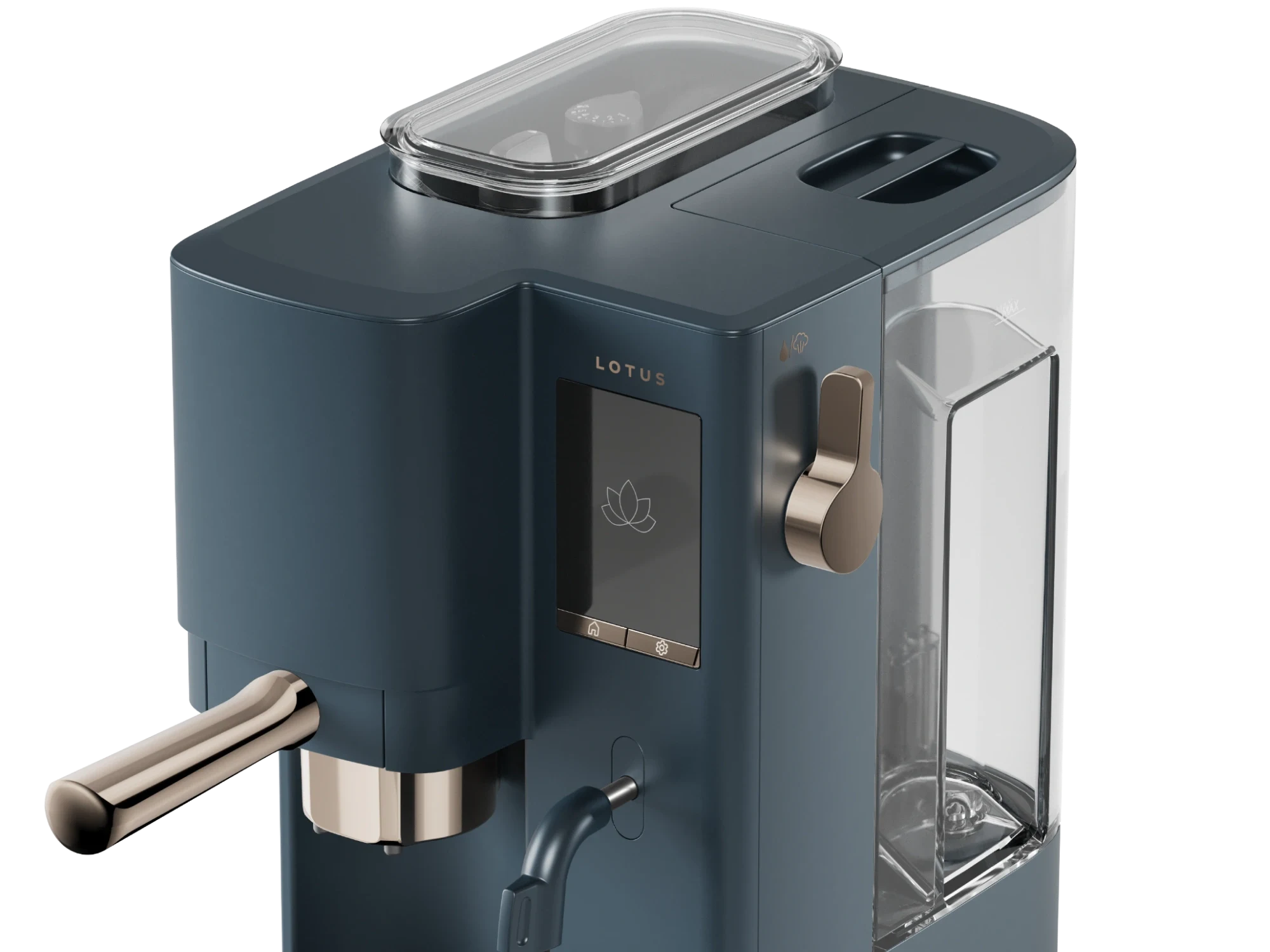 The Craft espresso machine in Bluestone, close-up angled view
