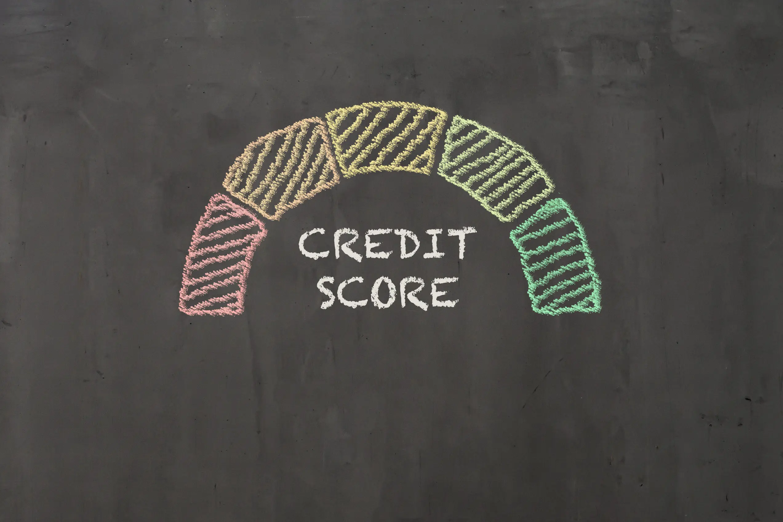 A credit score meter drawn in colored chalk on a blackboard, illustrating the credit requirements needed to apply for a student loan.