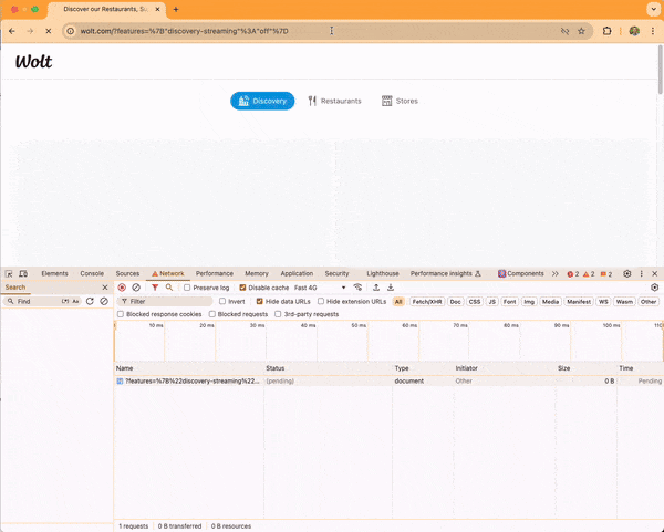 Loading wolt.com discovery with "Fast 4g" throttling without optimizations