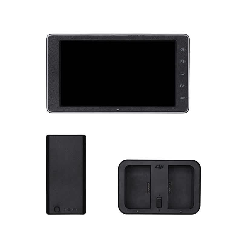 DJI CrystalSky High Brightness Monitor, battery and charger, in front of a white background.