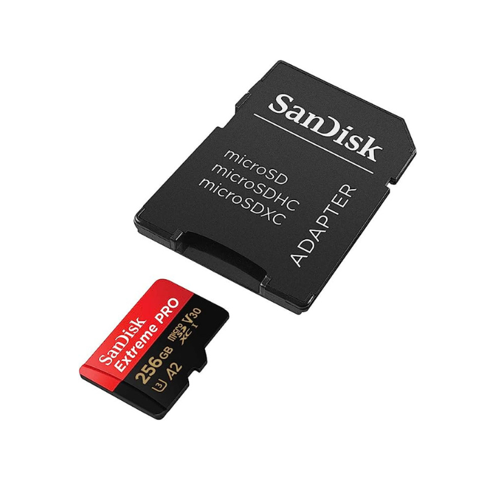 256GB SanDisk Extreme Pro micro SDXC CARD next to the adapter.