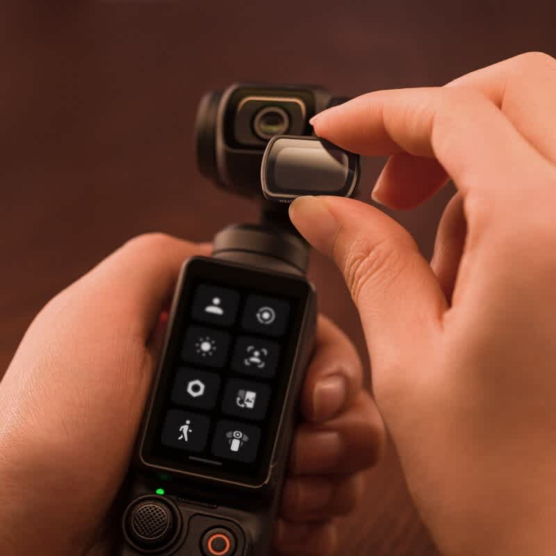DJI Osmo Pocket 3 Black Mist Filter attached to Osmo Pocket 3.