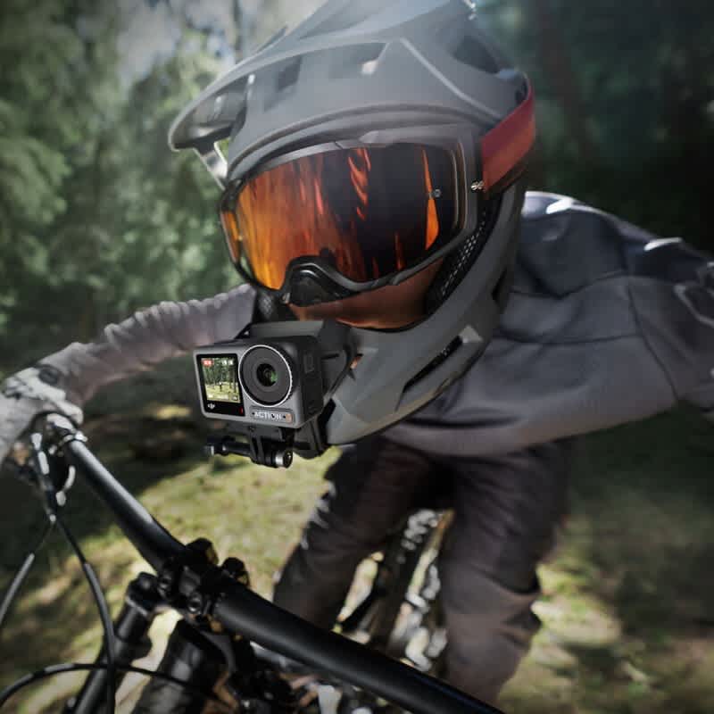 DJI Osmo Action Helmet Chin Mount attached to helmet.