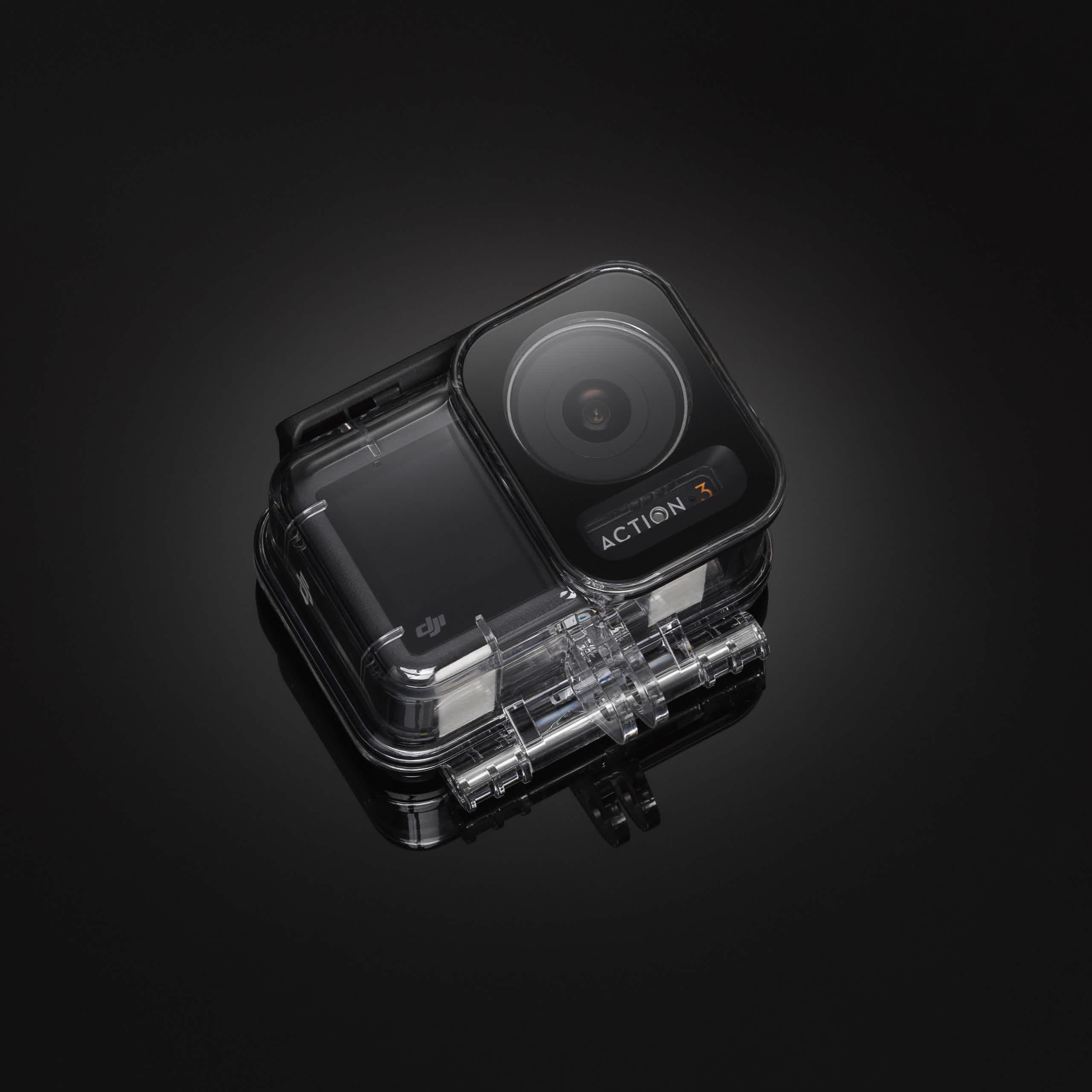 Osmo Action 60m Waterproof Case in front of a black background.