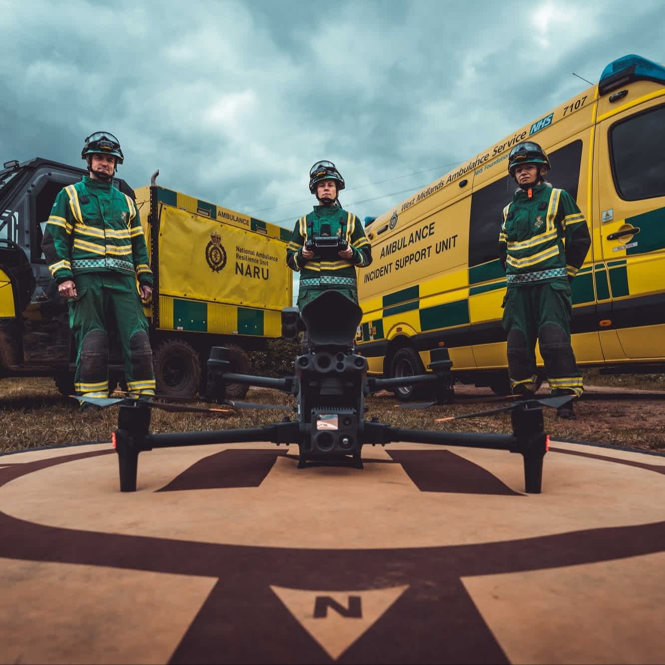 DJI M30T grounded in front of an ambulance service.