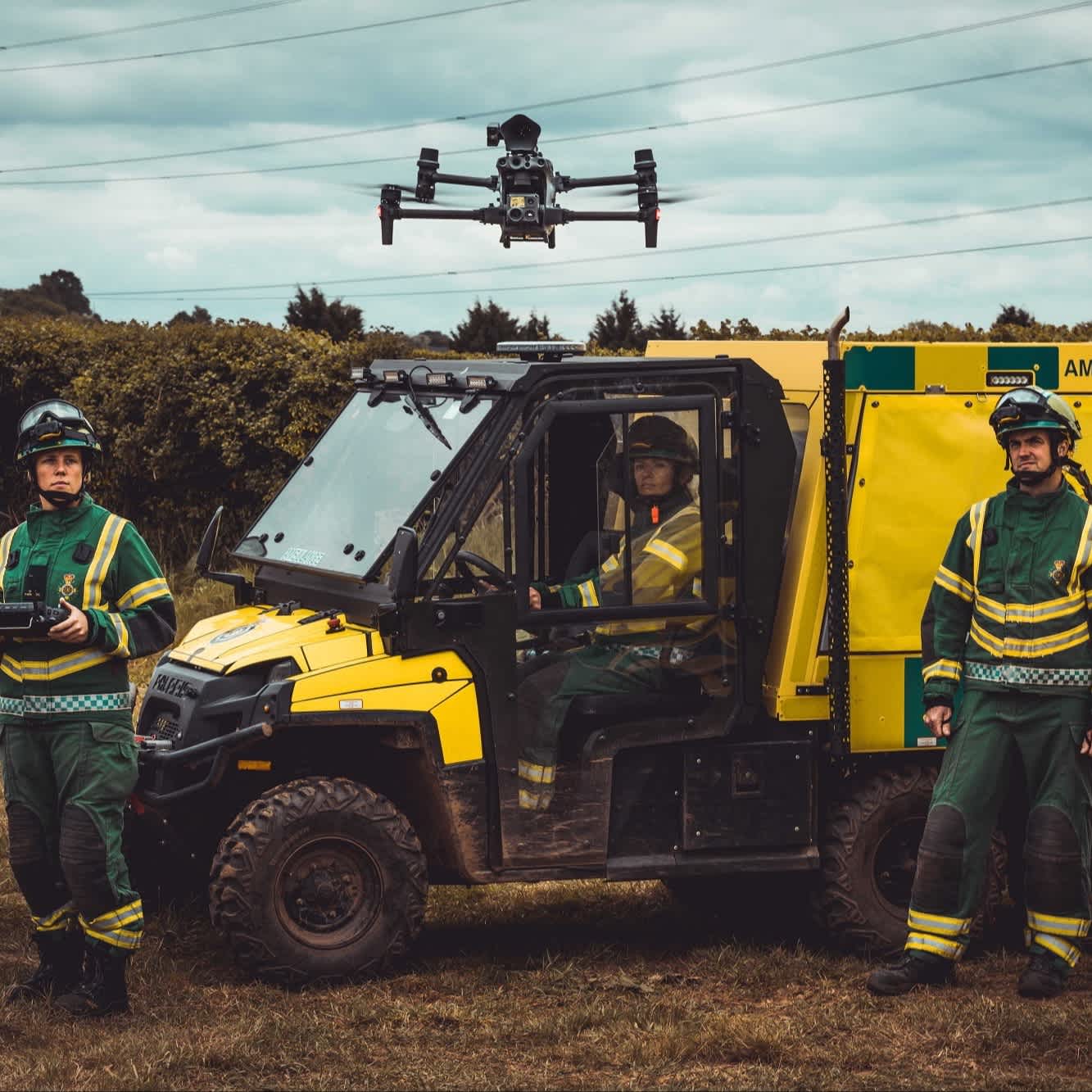 DJI M30T in flight above ambulance service.