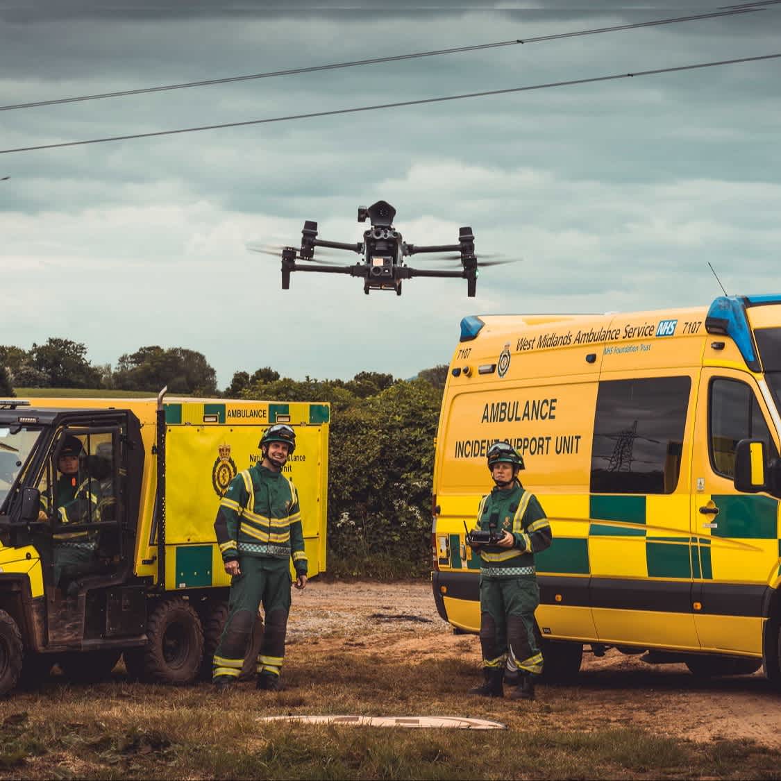 DJI M30 in flight above an ambulance.