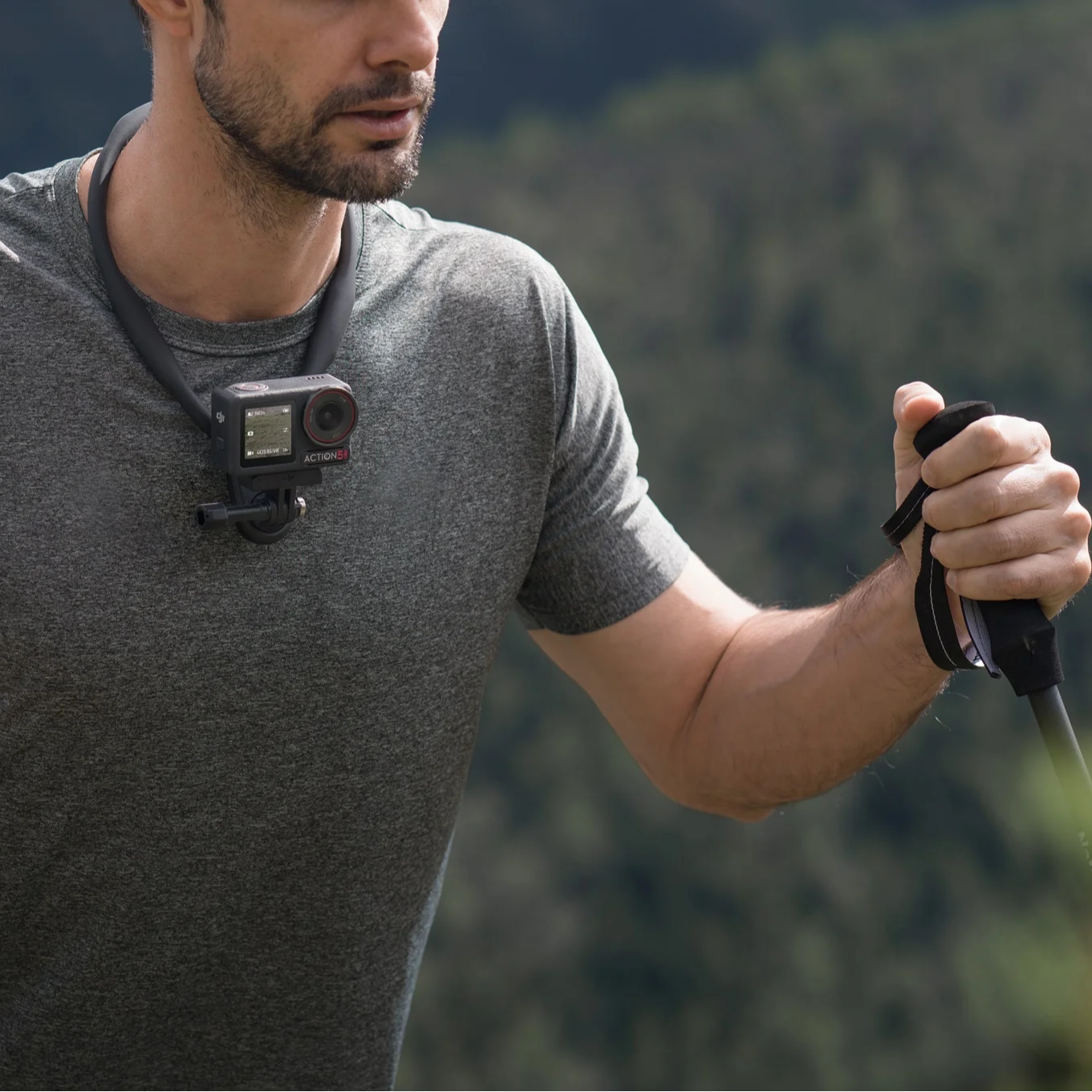DJI Osmo Action 5 Pro attached to a neck mount.