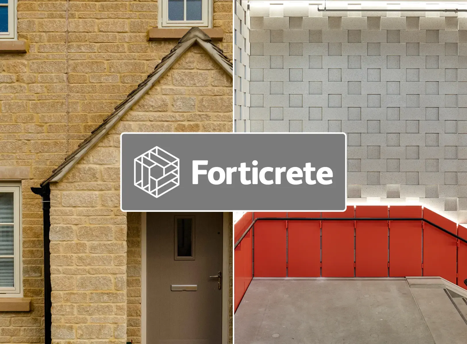 Forticrete brand logo with walling stone & architectural masonry projects