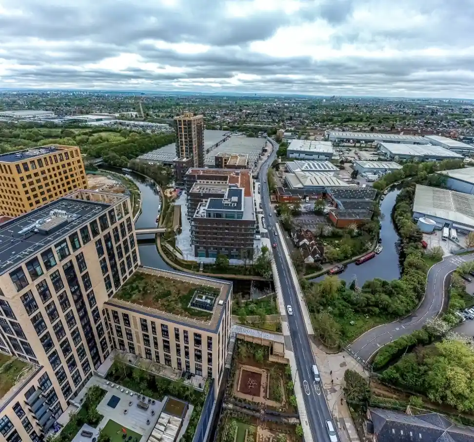 Greenford Quays aerial shot - Stuart Buff, Himley Dark Brown Rustic, Cheddar Brown bricks