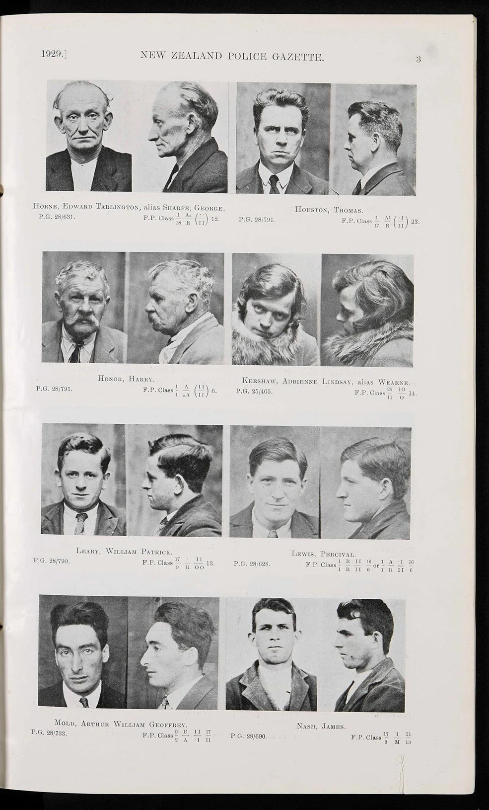 Black and white photos of 8 people taken from the front and side. Underneath the photos are their names.