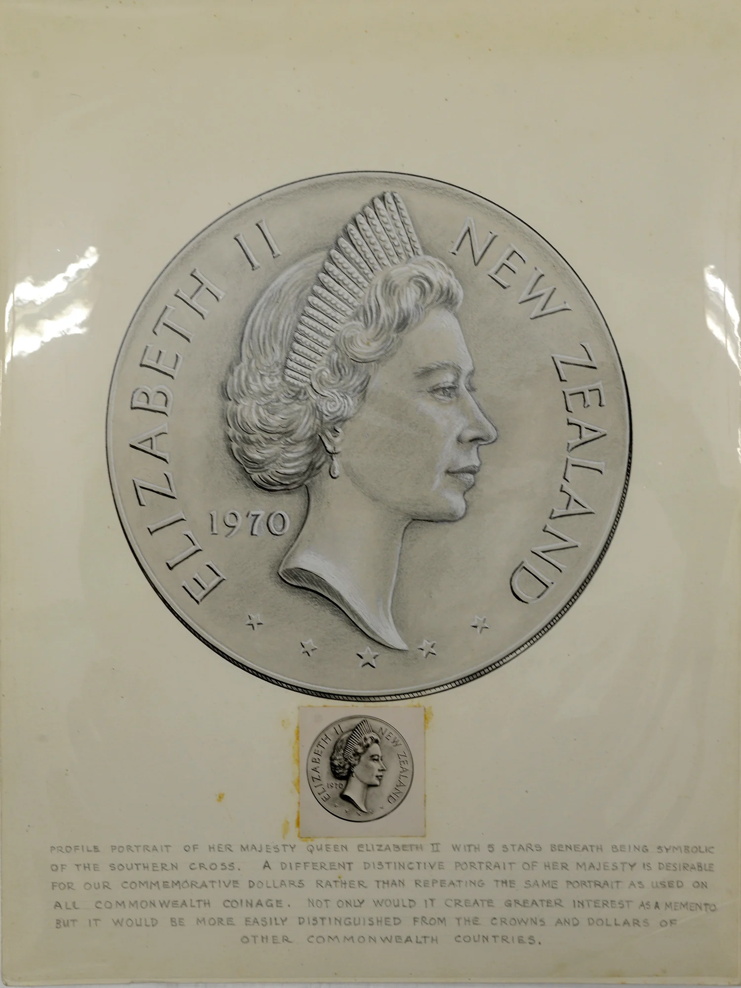 Pencil drawing in a circle, of a woman with short hair and words written Elizabeth 2 New Zealand on an old yellowed paper, with some text below the drawing