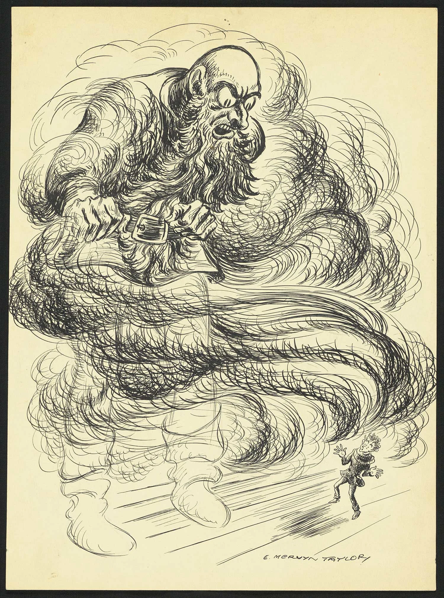  Black print on an old yellowed paper showing a bald man wearing a belt in middle of swirling wind and a tiny man at the bottom