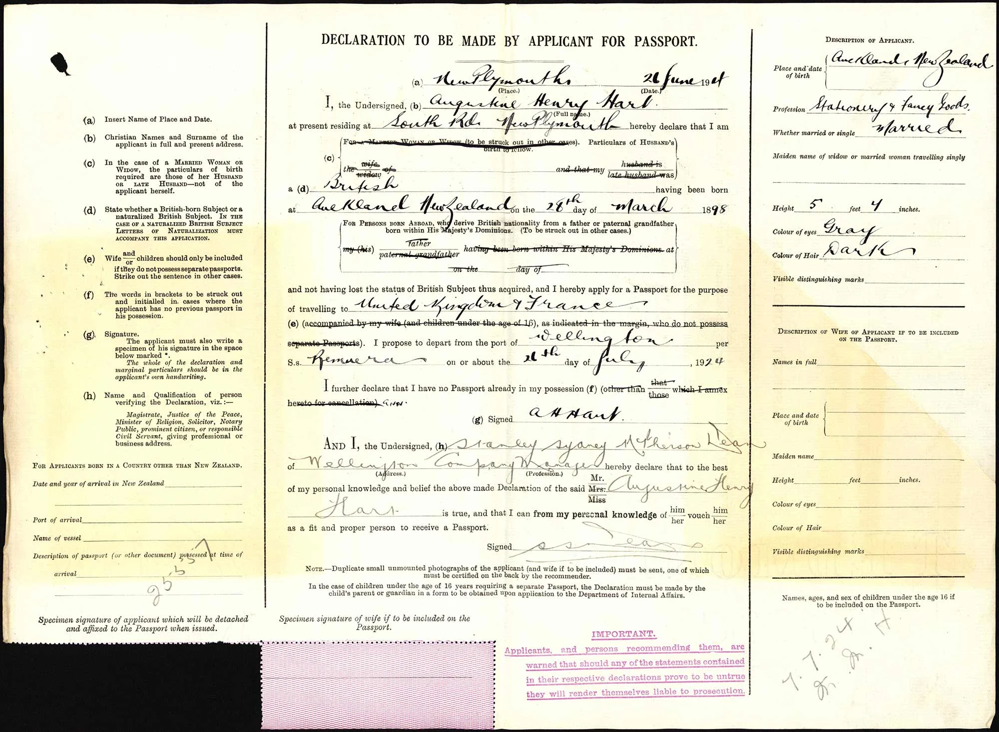 Augustine Henry Hart passport application