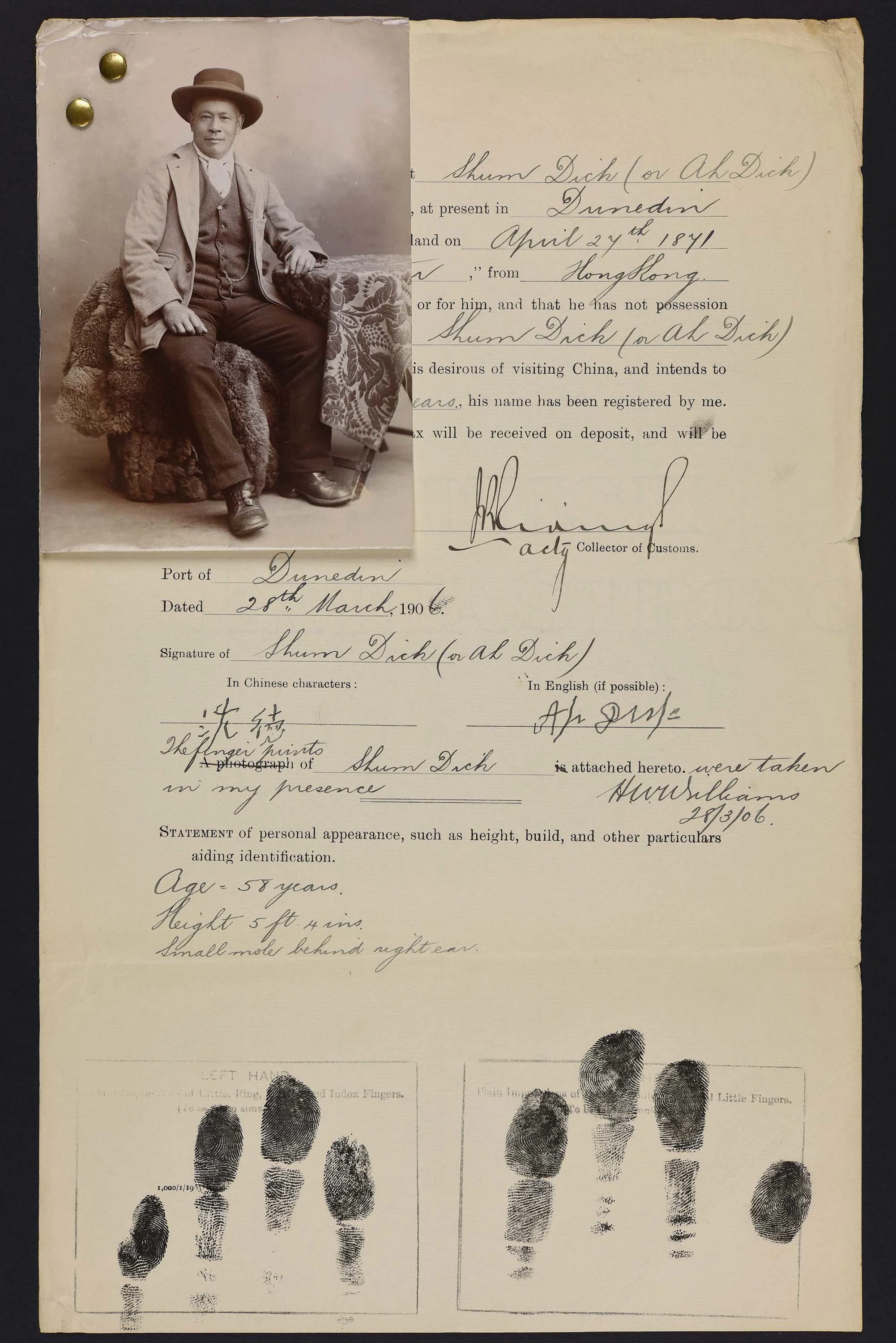 Sepia photo of a seated Chinese man attached to his immigration record