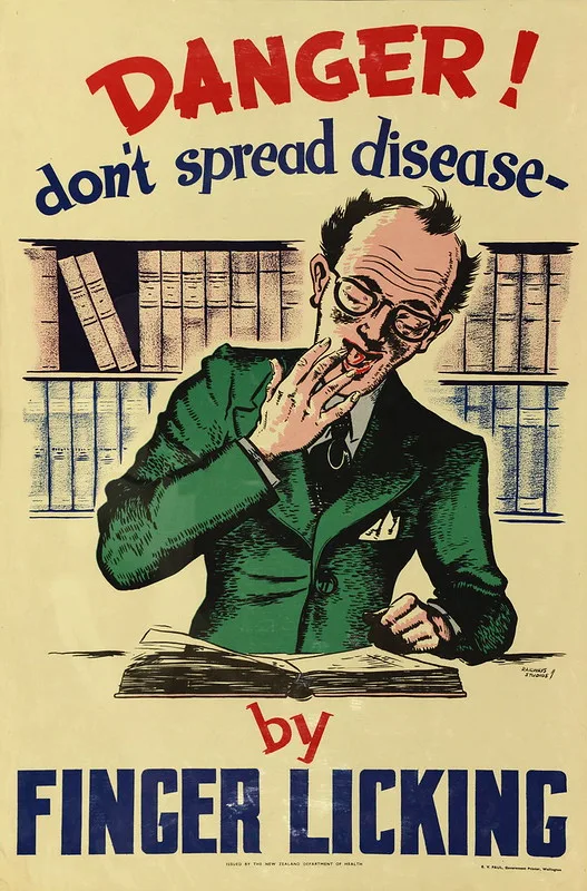 illustrated poster of a man licking his fingers and turning a page