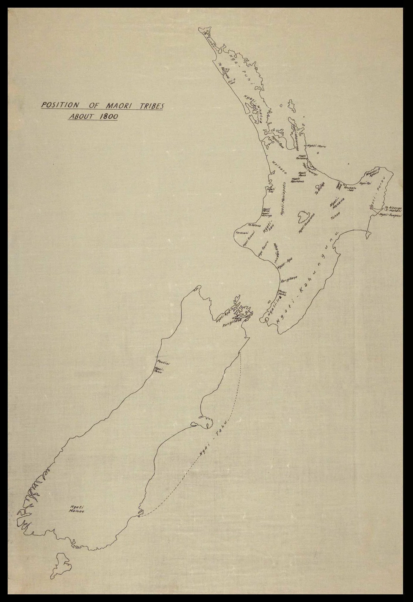 An outline map of New Zealand on an old paper