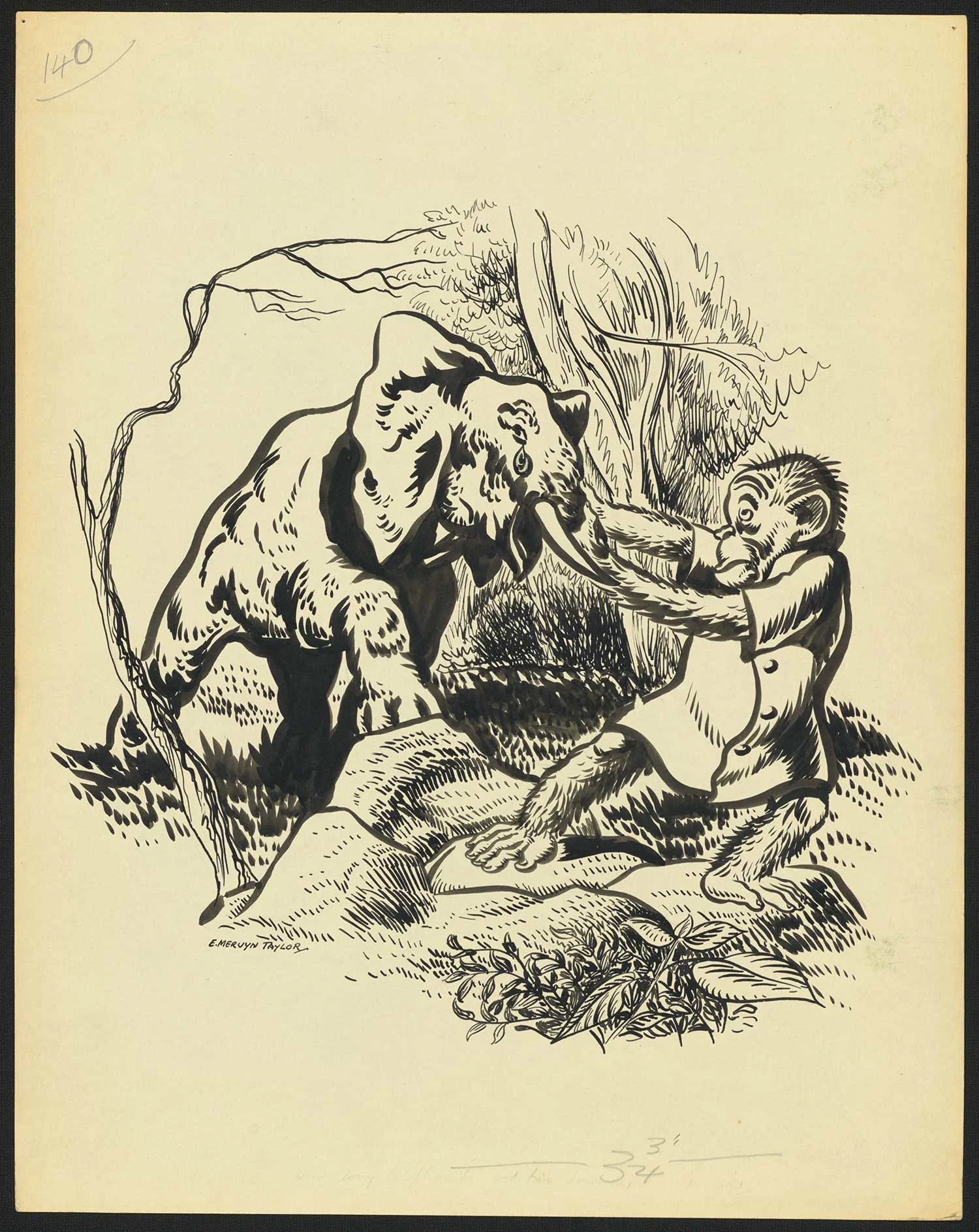  Black print on an old yellowed paper showing a dense forest and a monkey pulling on an elephants trunk. 