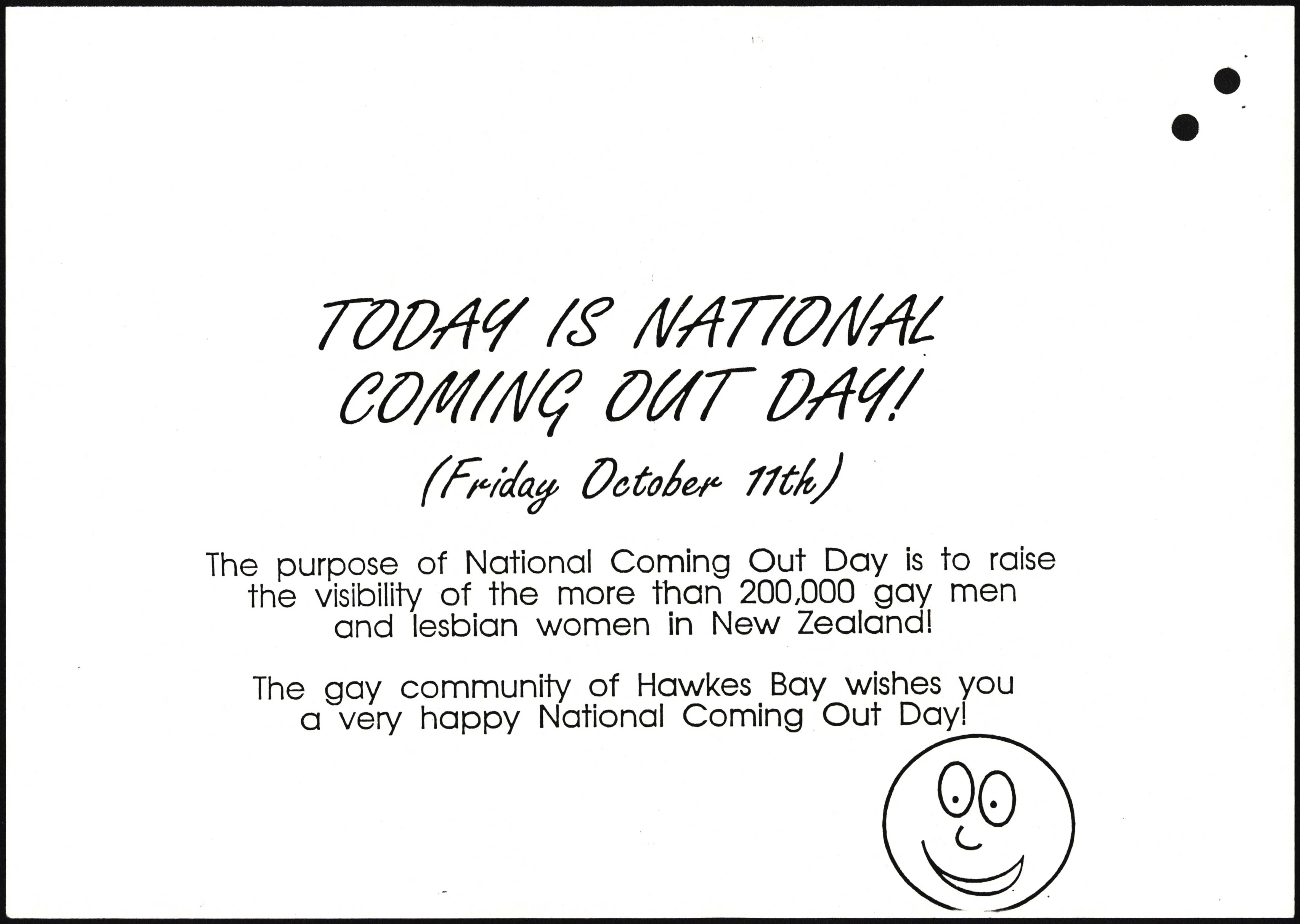 Image of a white paper poster with black text. There is a hand drawn smiley face at the lower right corner