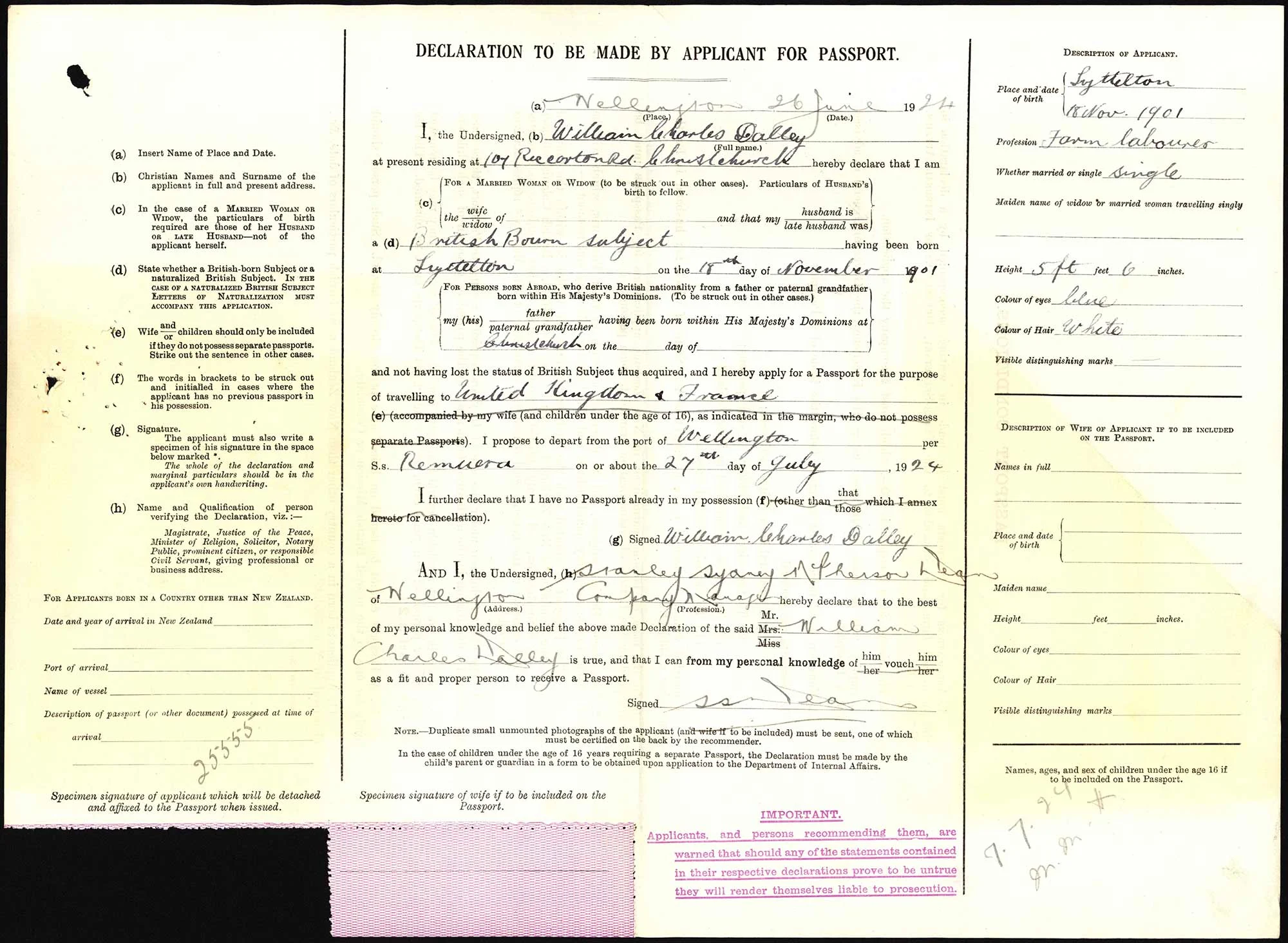 William Charles Dalley passport application
