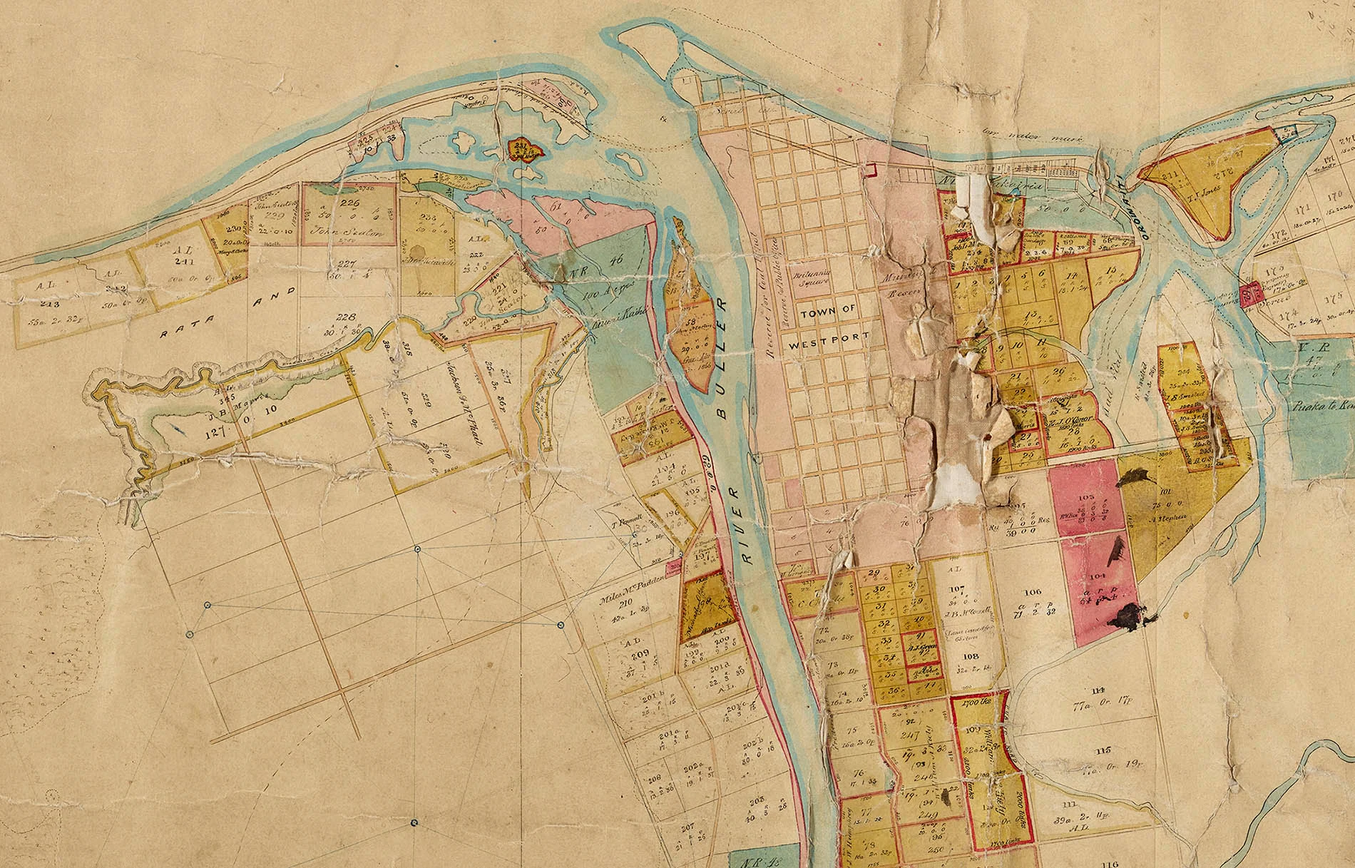Portion of hand drawn map showing a town by the mouth of a river