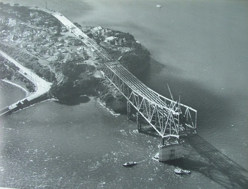 Aerial shot showing construction of Auckland Harbour Bridge on 5 August 1958