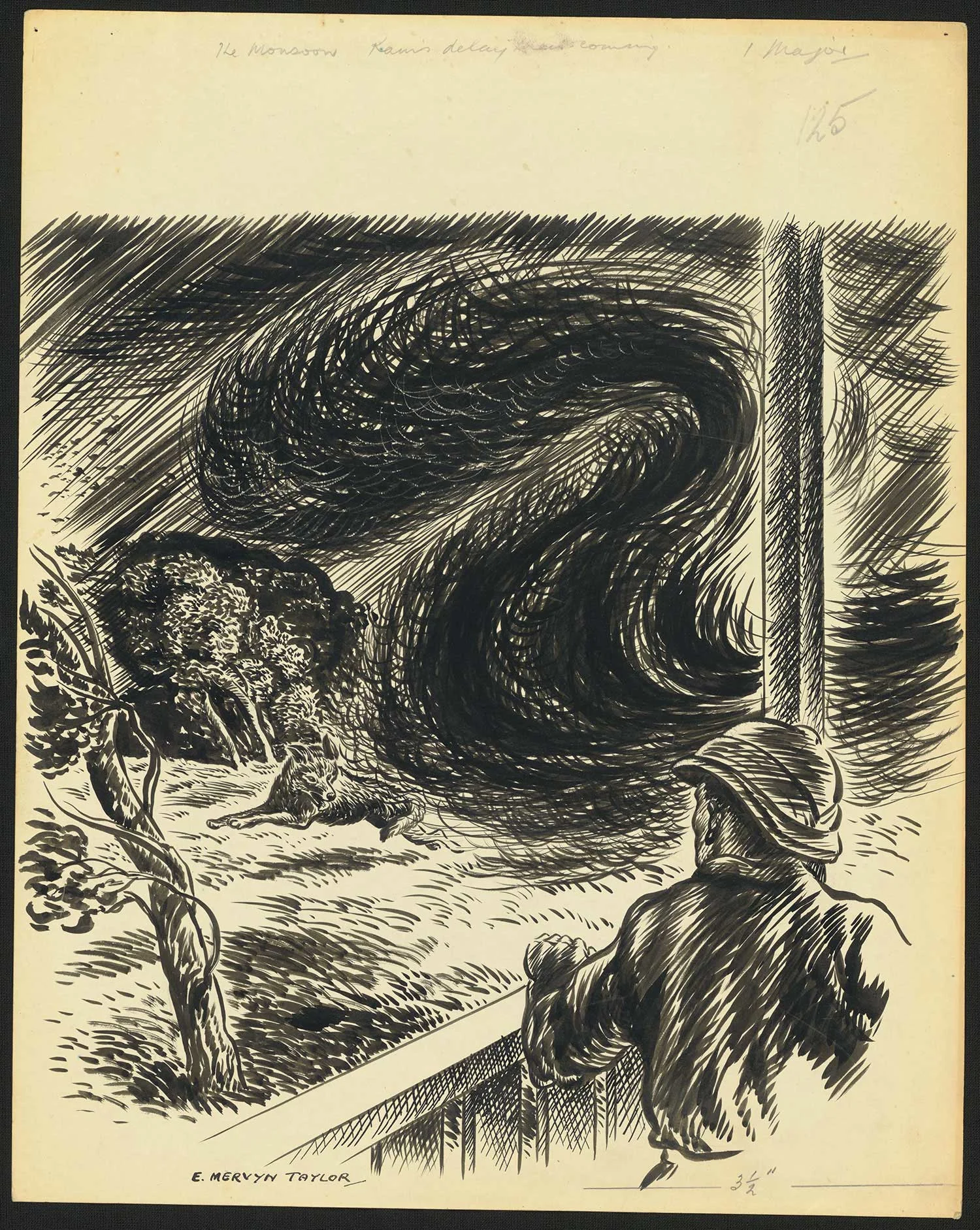 Black print on an old yellowed paper showing a wild animal running, a tornado following and a man wearing a hat watched the animal.  