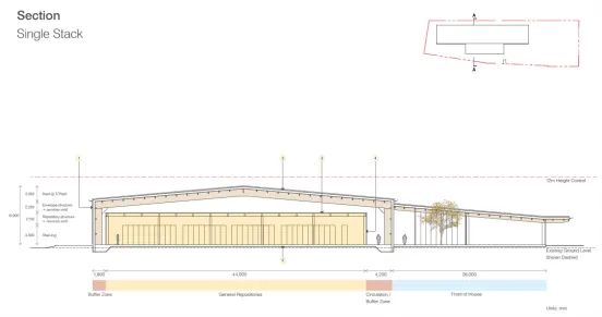 architectural drawing of a building in yellow on white paper
