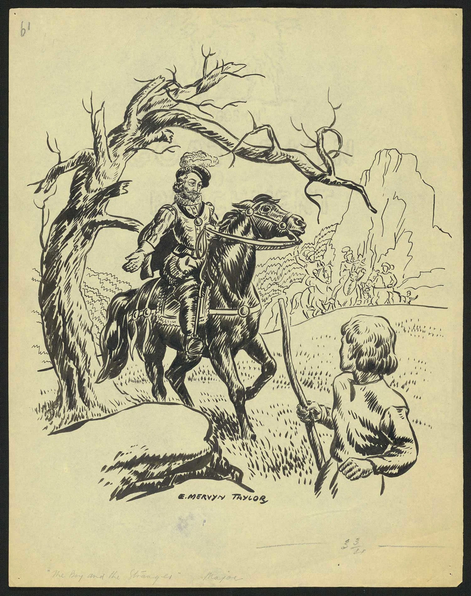  Black print on an old yellowed paper showing a bearded man riding a horse, a boy with a stick in his hand in the front