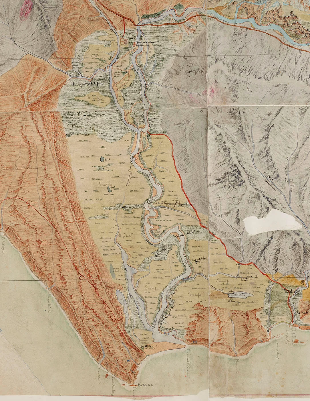 Excerpt from a hand sketched map showing mountain ranges, river.