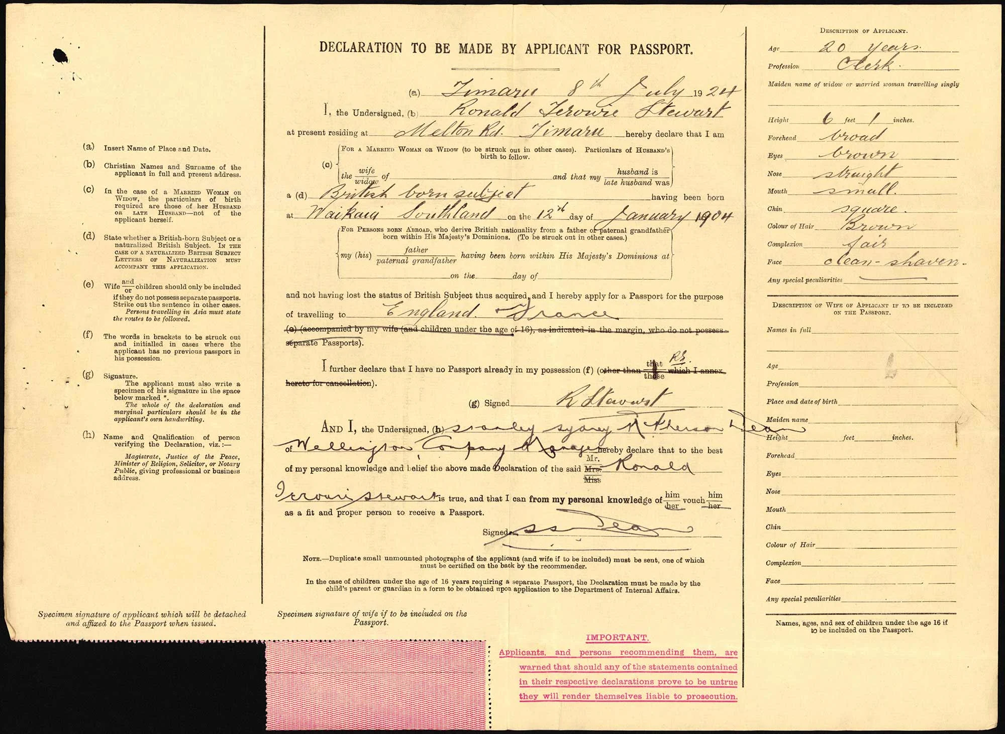 Ronald Terowie Stewart passport application