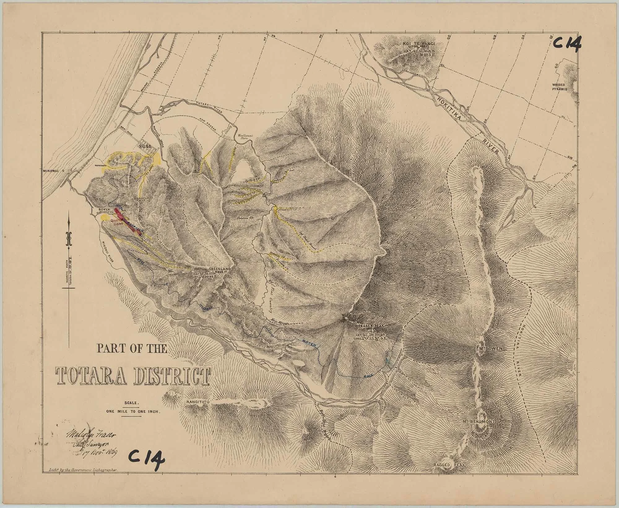A map titled ‘Part of the Totara District’ featuring detailed topographic illustrations.