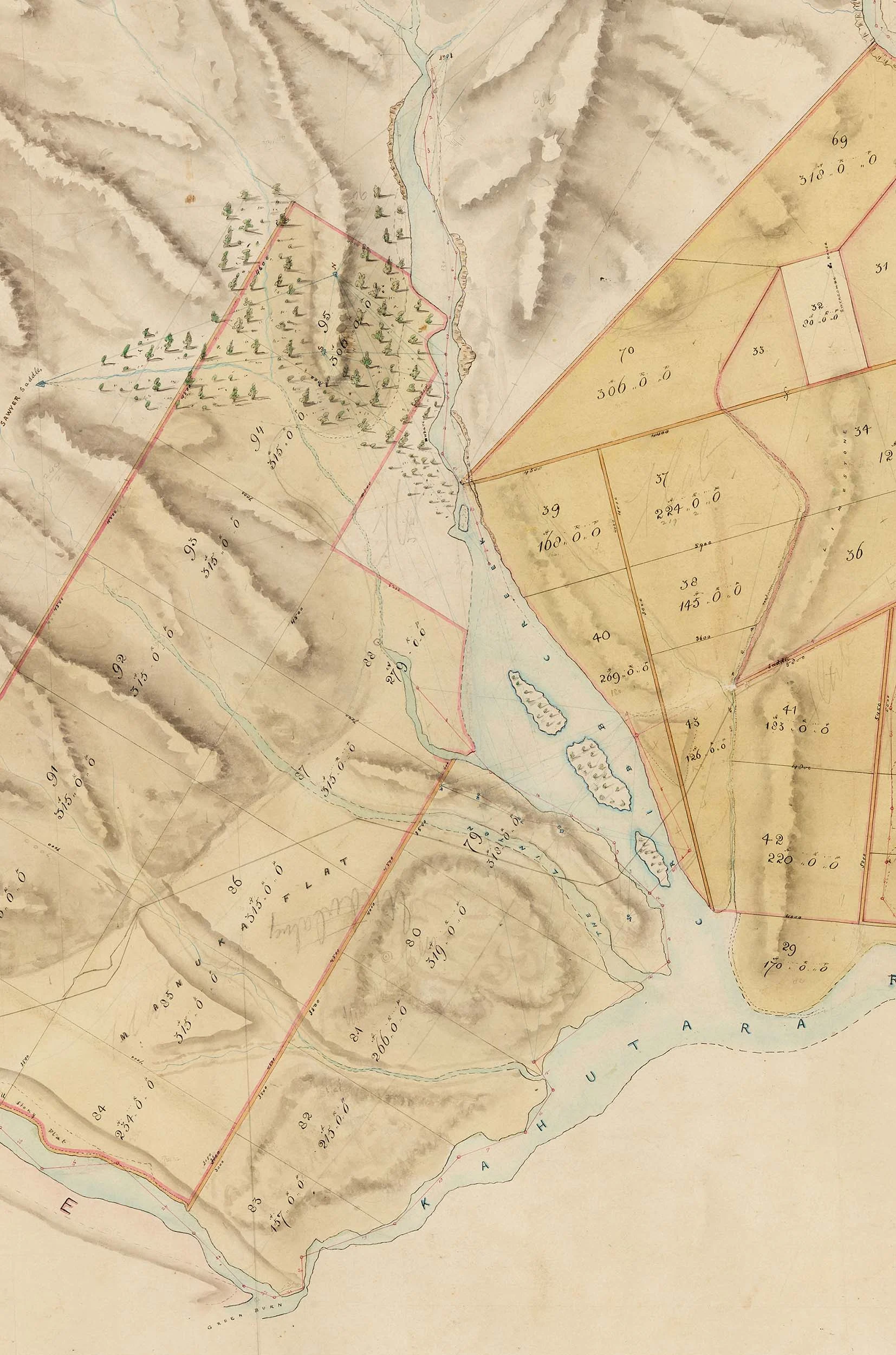 Portion of hand drawn map showing sections and a river