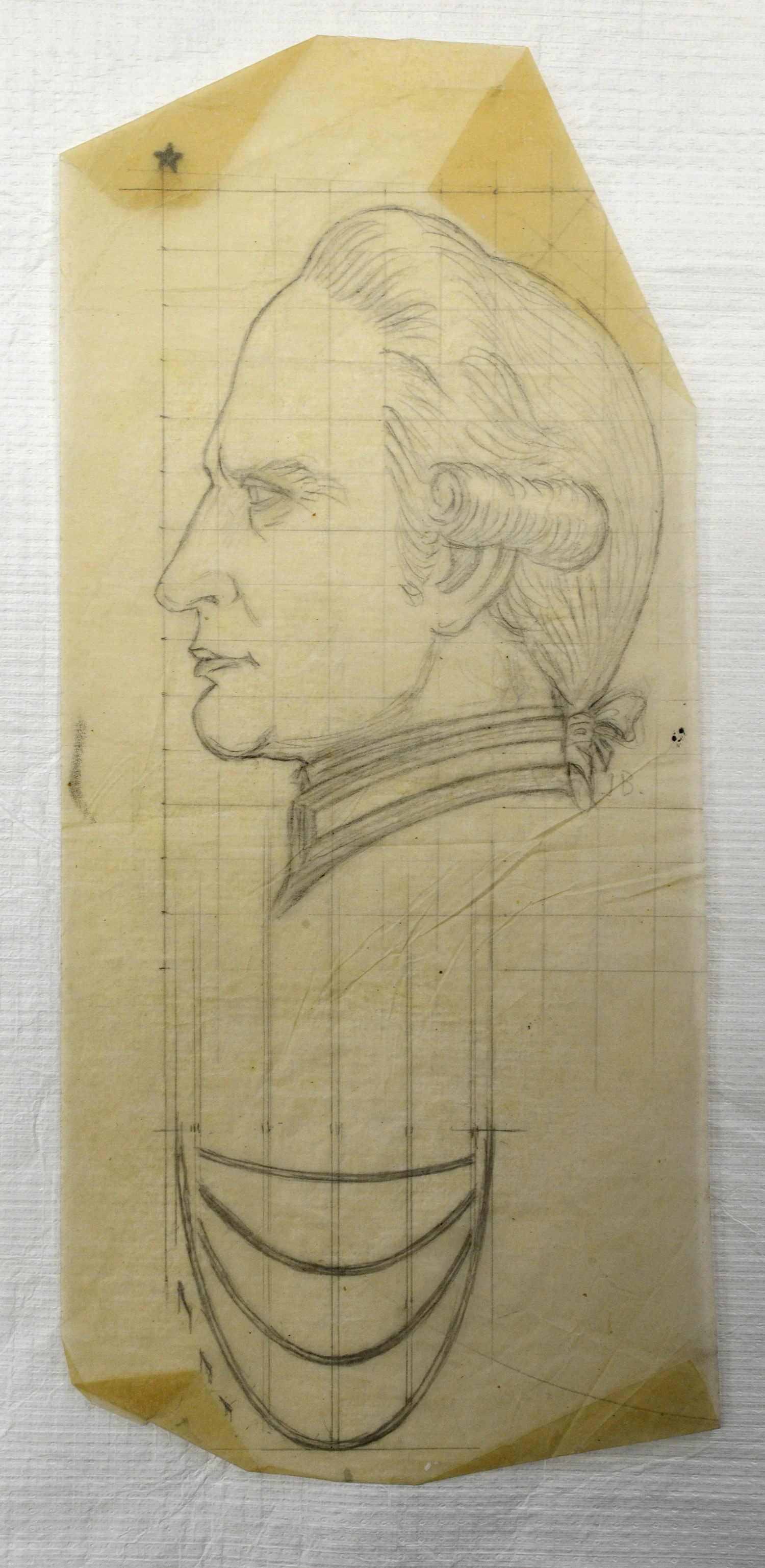 Pencil drawing of a man from one side drawn on an old yellowed paper