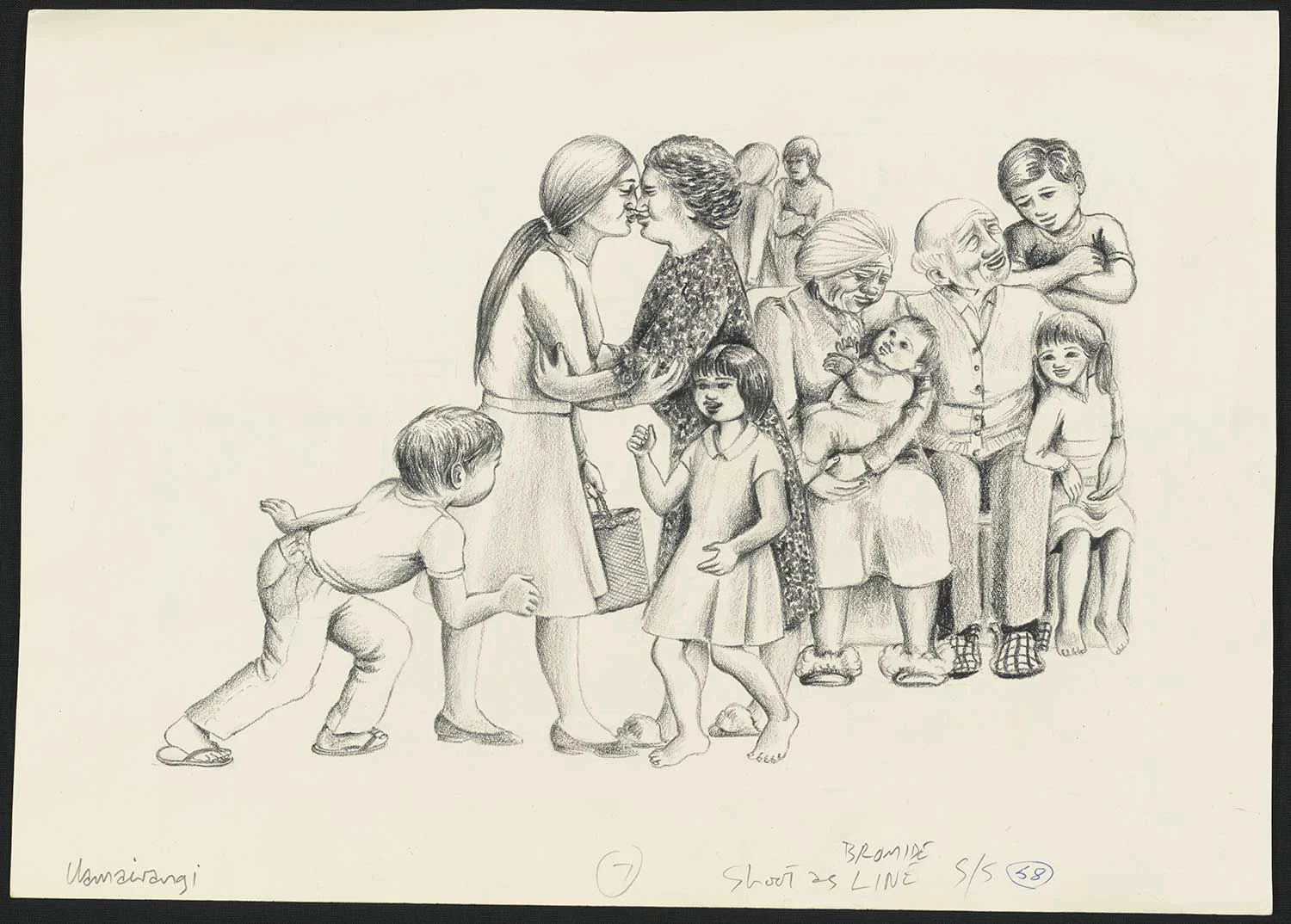 Pencil sketch of group of men, women and children, two women doing a hongi on a old yellowed paper 