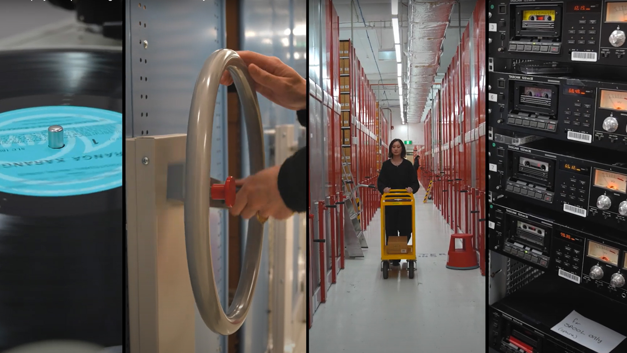 A still from a video. The screen is split into 4 columns, including 1 with a close up of a record spinning, 1 with a close up of someone turning a wheel, 1 with someone steering a trolley down an aisle and another with 4 cassette tapes playing.