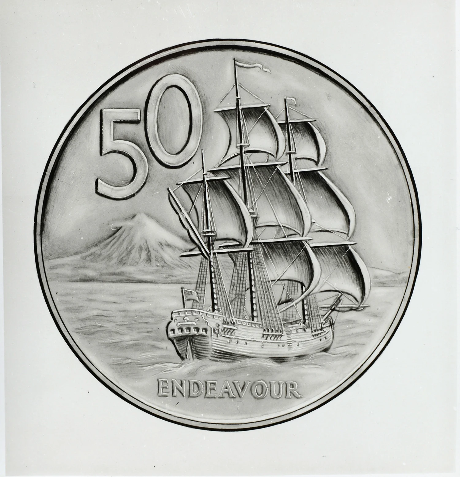 Detailed pencil drawing of a ship and number 50 written in a circle