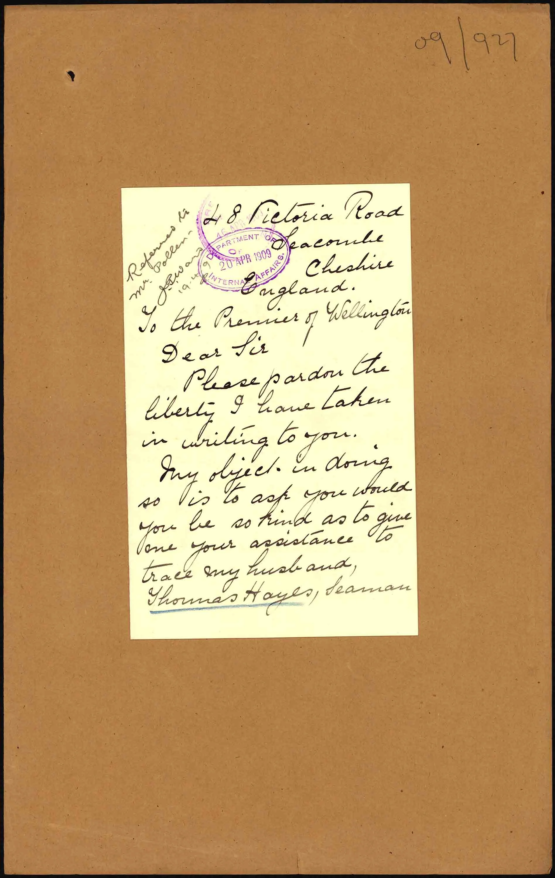 First page of Mrs. Hayes’ letter
