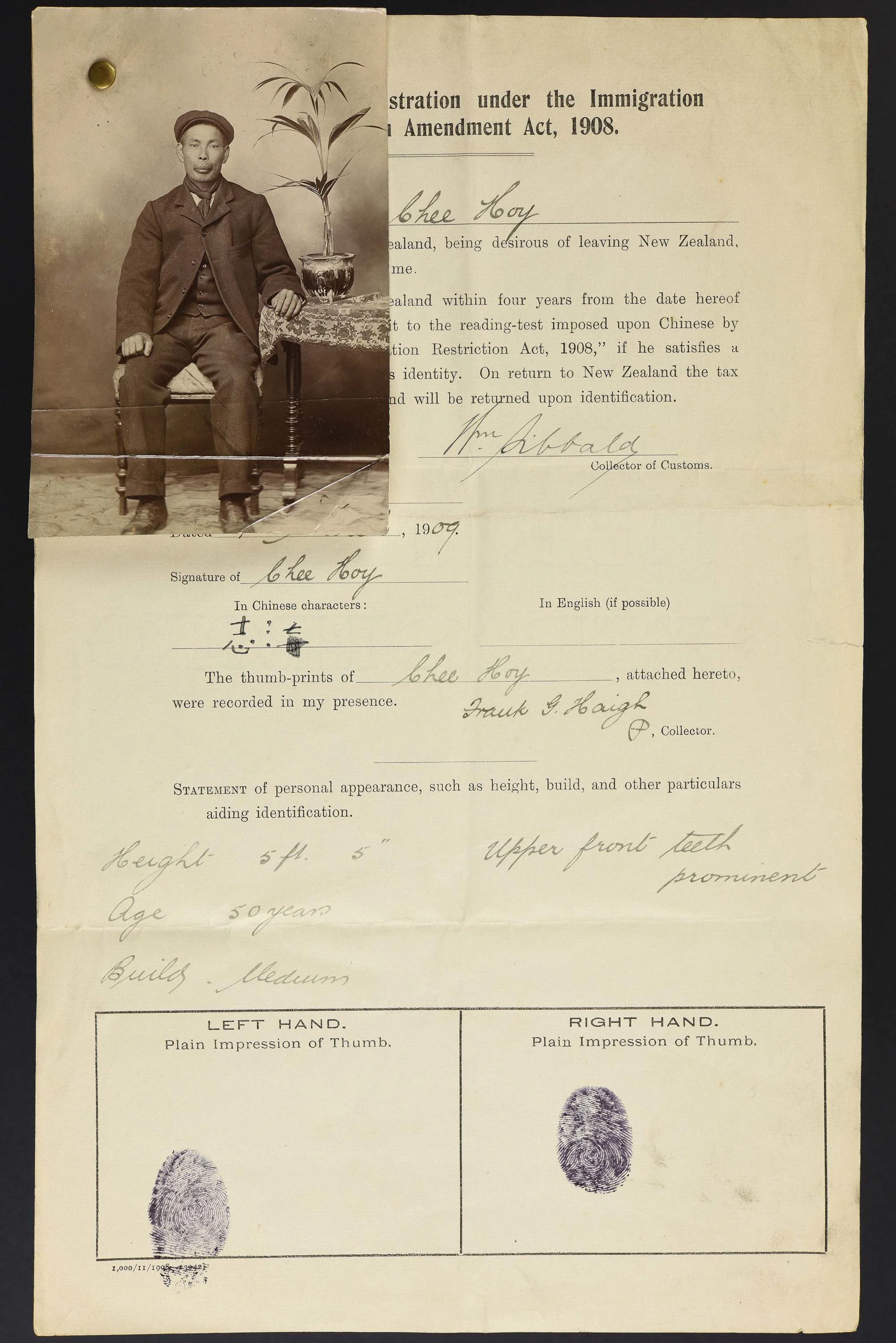 Sepia photo of a seated Chinese man attached to his immigration record.