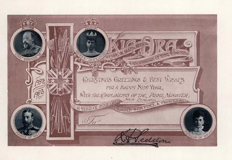 Card with portraits of the Royal Family with words "Christmas greetings and best wishes for a Happy New Year with the compliments of the Prime Minister, New Zealand"