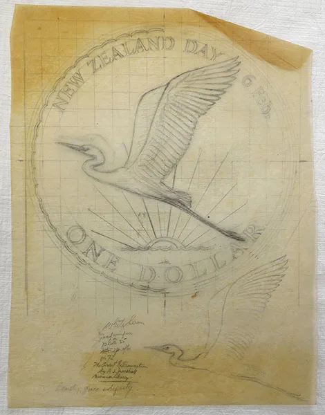 Pencil drawing of a flying bird with Sun rays in the background, drawn in a circle with words New Zealand Day written on the top and One Dollar at the bottom