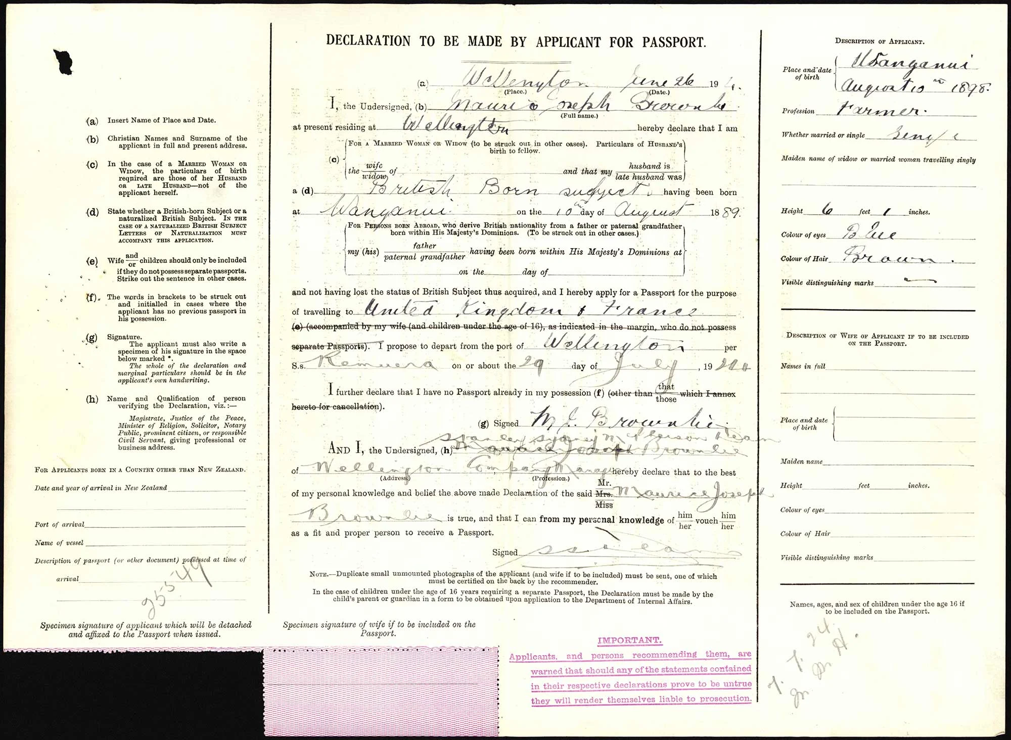 Maurice Joseph Brownlie passport application