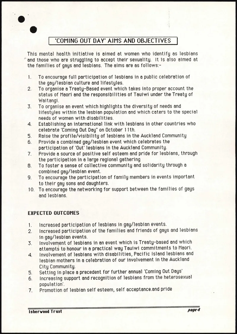 image of a white page with black text about the objectives and aims of national coming out day 