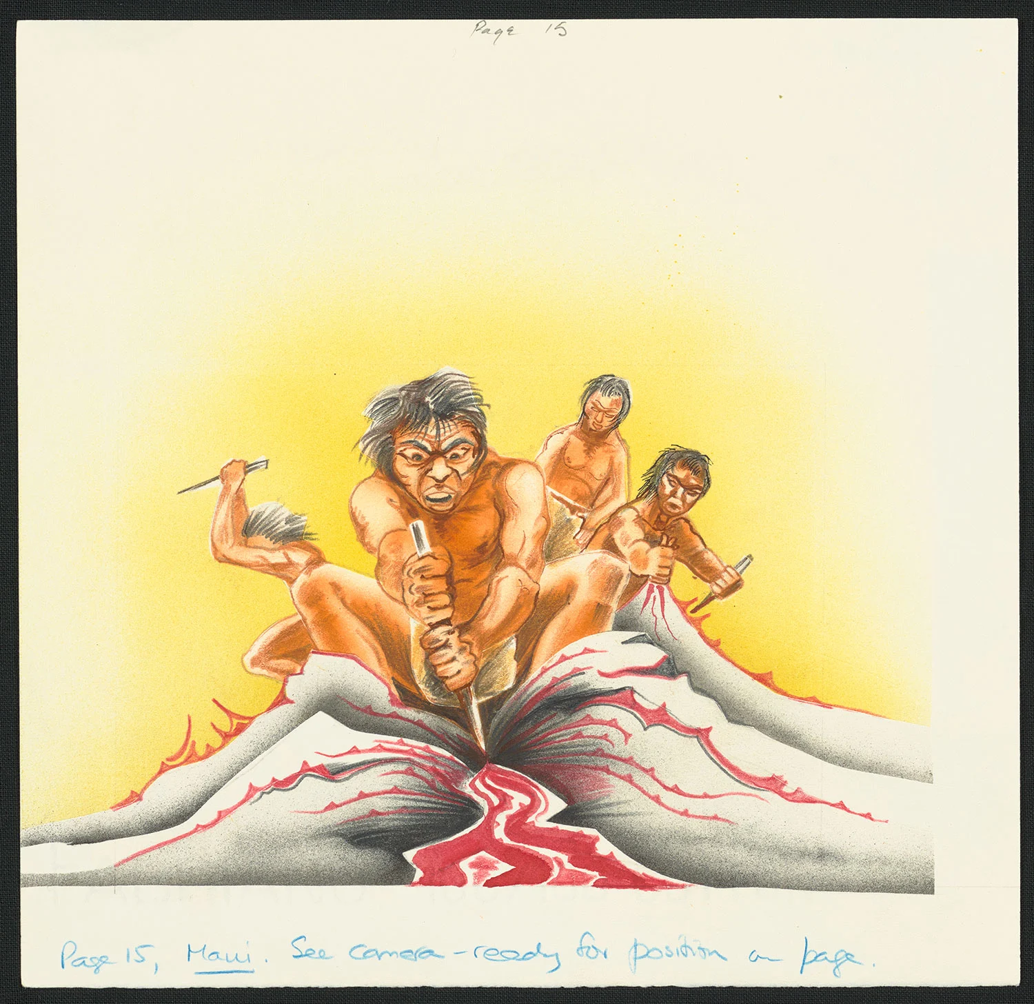 Coloured illustration of group of men sitting and stabbing knives in the ground, red blood flowing from it.