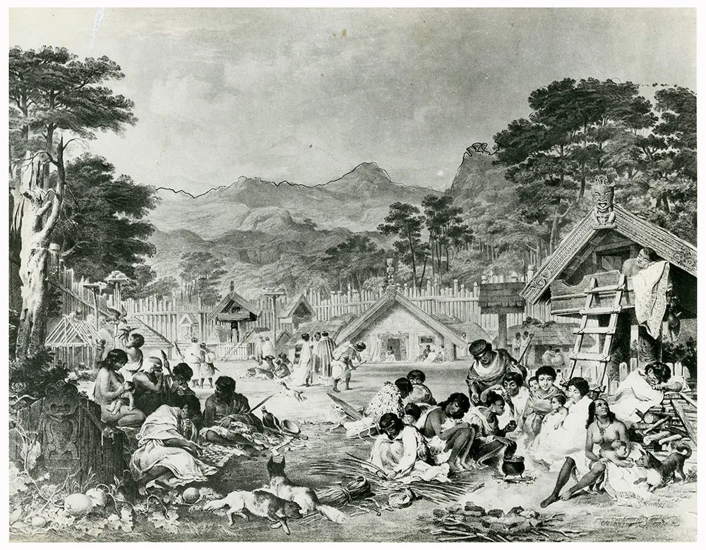 A drawing of Putiki Pā near Whanganui, 1840