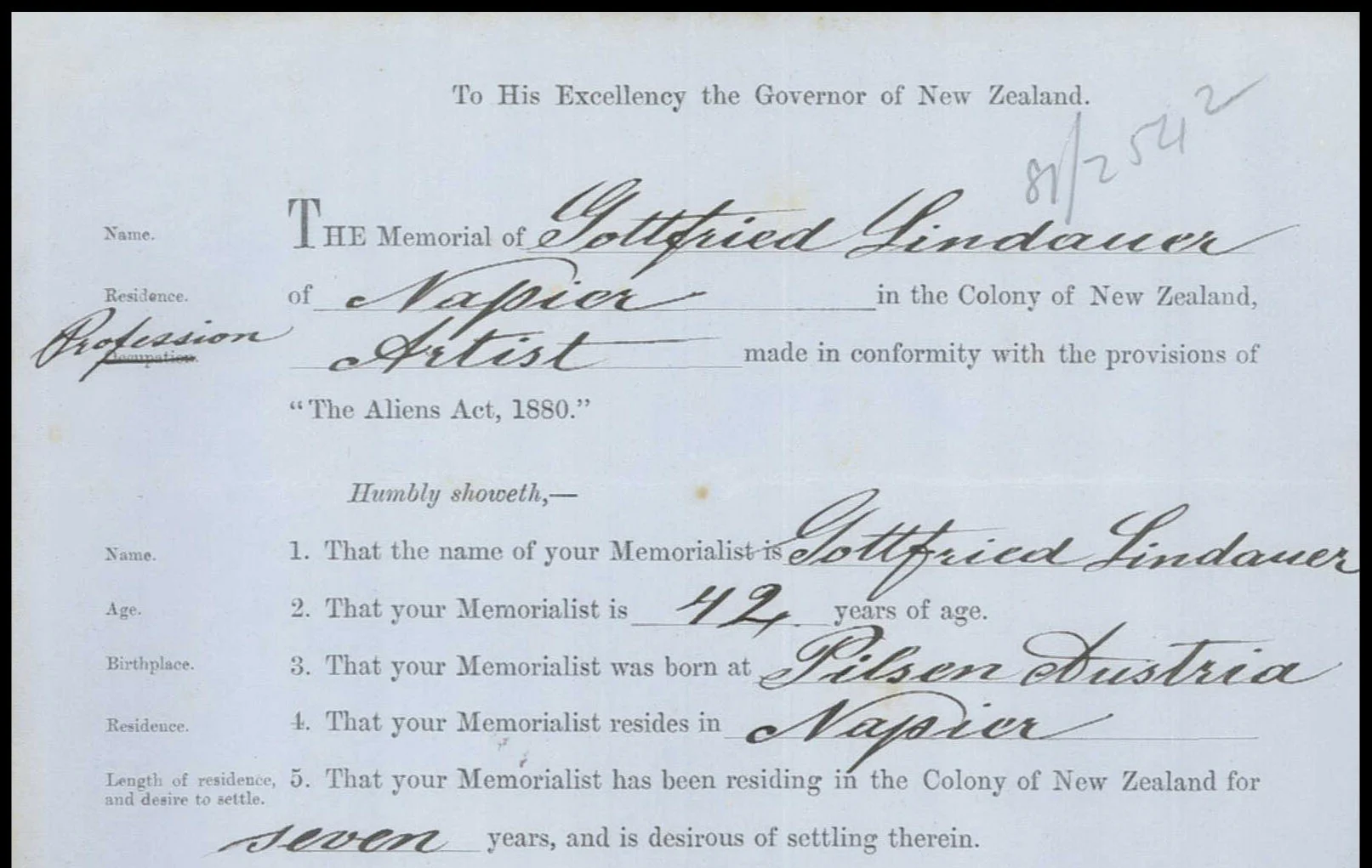 Page from the naturalisation file for Gottfried Lindauer, 1881